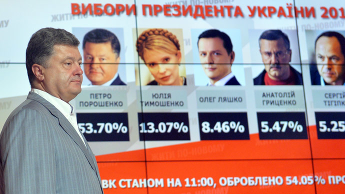 Petro Poroshenko. detrás las pantallas muestra los sondeos. (AFP Photo / Sergei Supinsky)
