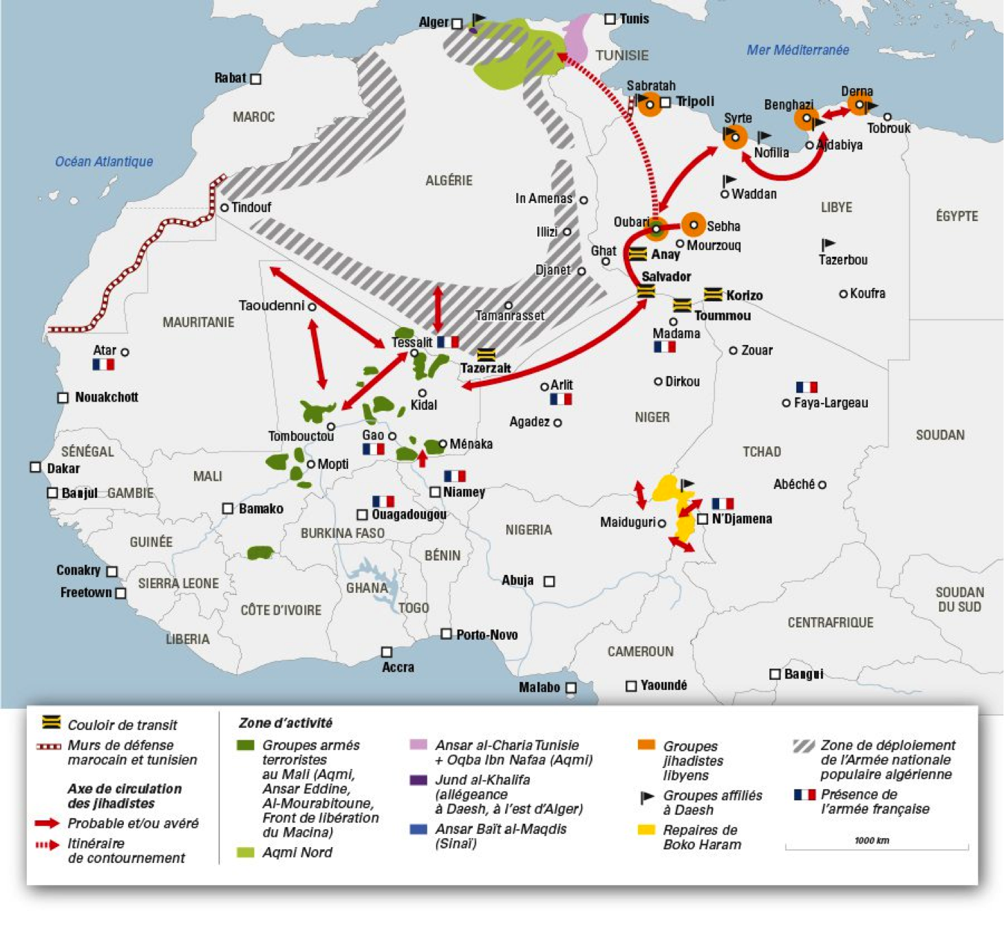 Mapa de la localización de los grupos yihadistas en África por Jeune Afrique